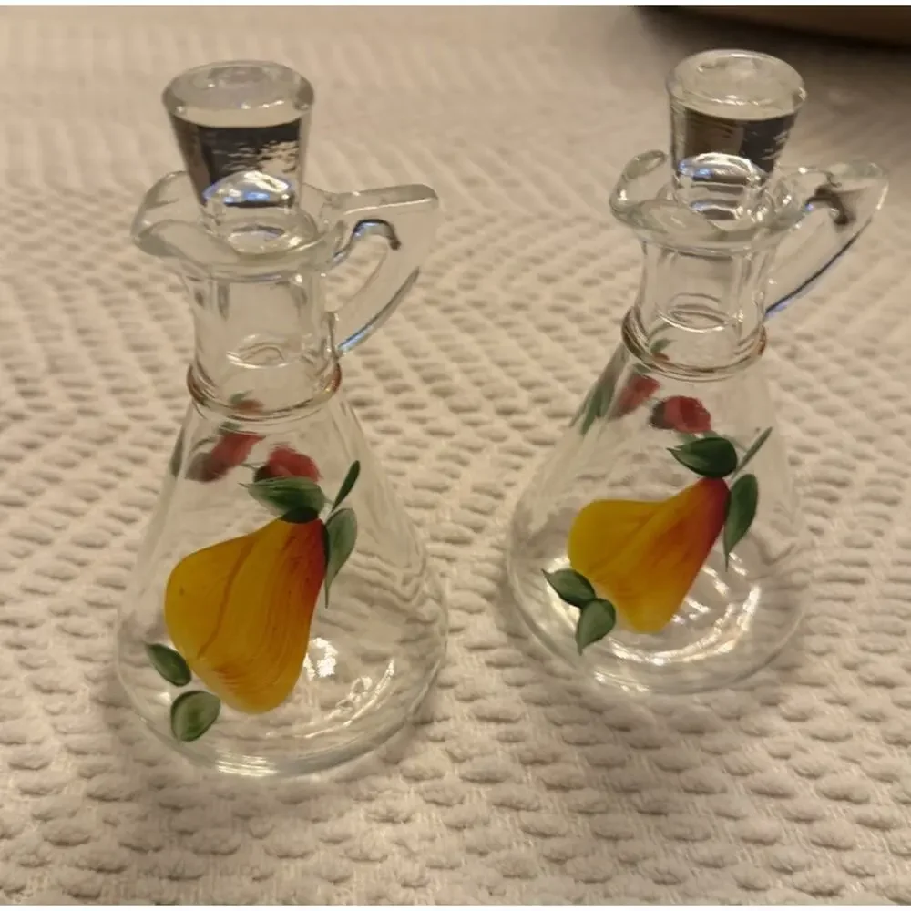 Vintage Set HAZEL ATLAS Cruets Oil & Vinegar Fruit Motif 3661/66
